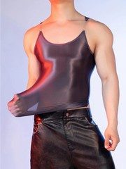 Sexy Men Oil Glossy Shiny Smooth Strap Sheer See Through Tops High Elastic Tank