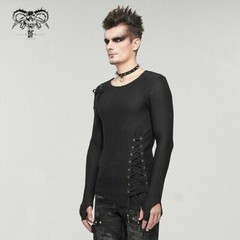 Devil Fashion Punk Men Mesh Tops Asymmetrical Hem Drawstring Decoration T-shirts