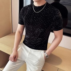 Summer Velvet Pleated Hot Stamping T-shirt for Men’s Fashion Versatile Slim Fit