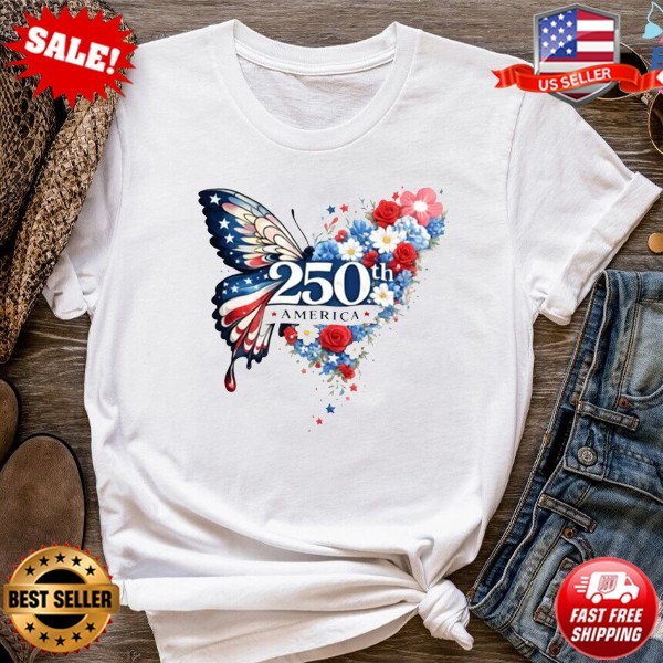250th America Anniversary T-Shirt Patriotic Butterfly Flag T-Shirt | S-5XL