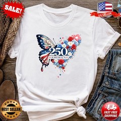 250th America Anniversary T-Shirt Patriotic Butterfly Flag T-Shirt | S-5XL