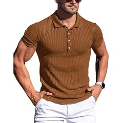 Men Ribbed Muscle Stretch Slim Fit Short Sleeve T-Shirt Summer Collar Casual Top