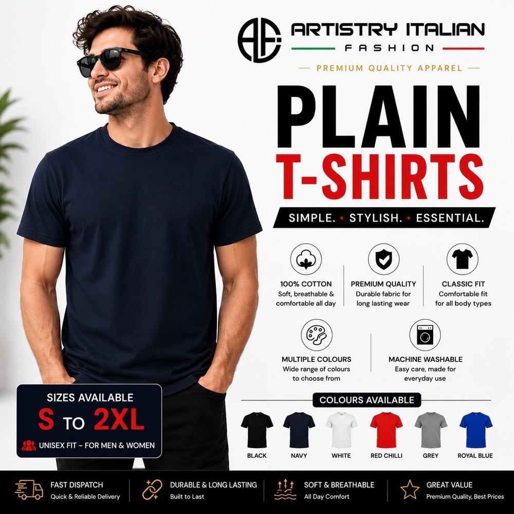 Plain T Shirt 100% Cotton Unisex Mens Womens Crew Neck Casual Tee S-2XL UK