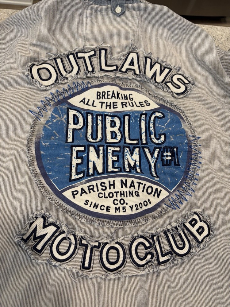 Parish Nation Mens Button Up, Outlaw Motoclub On Back Pinstripe Shirt-3XL