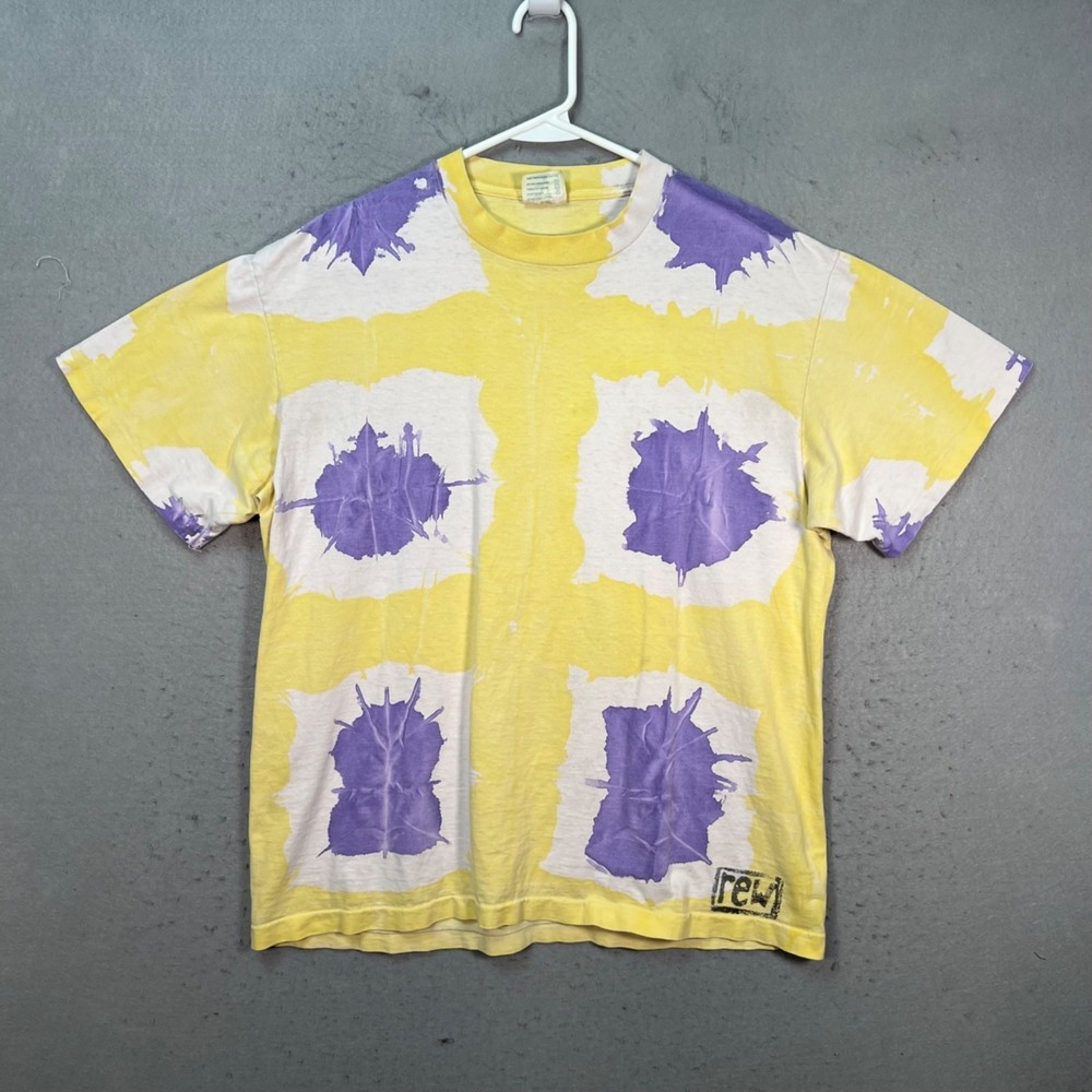 Vintage 90s Tie-Dye Yellow & Purple Graphic T-Shirt XL Soft Tee Made In USA