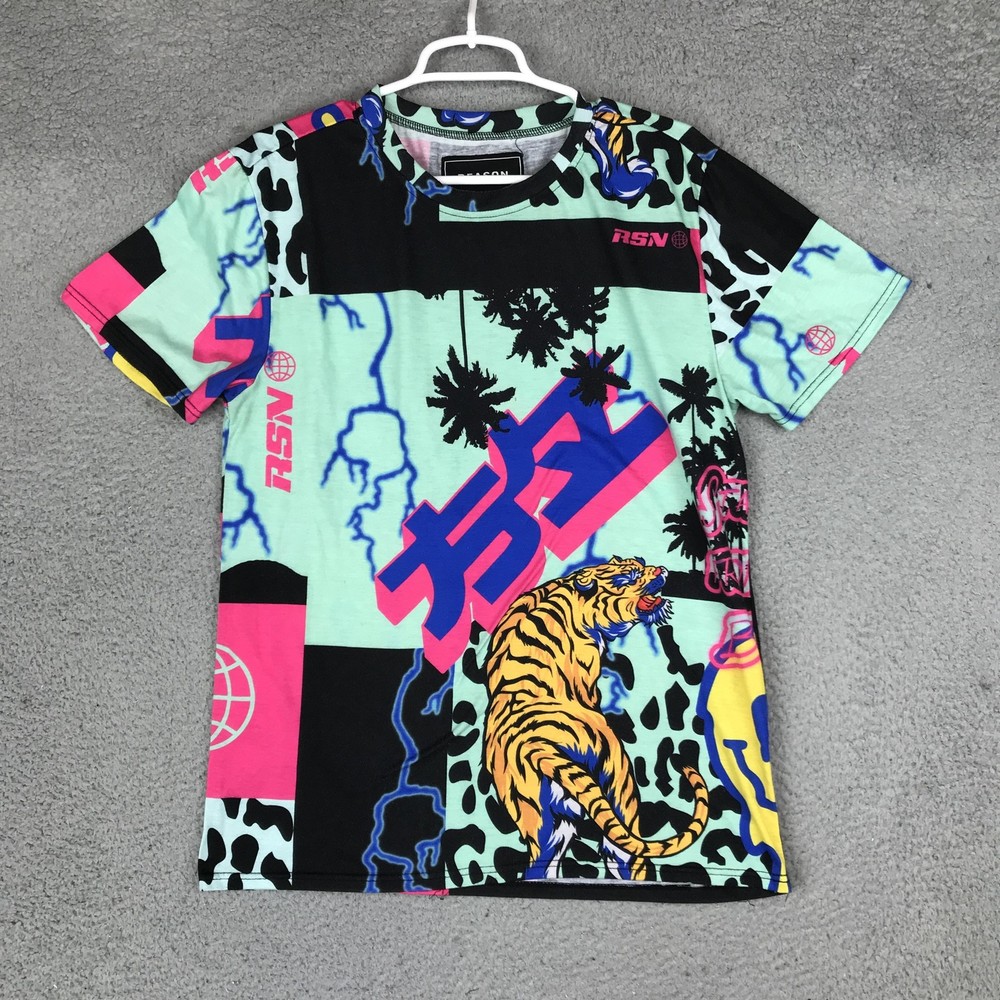 Reason Shirt Mens Medium Multicolor Tiger Smiley Face Surf Graphic Tee Top