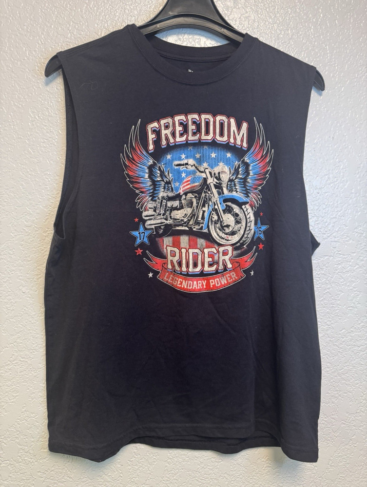 Patriotic Men’s Black Motorcycle Graphic Print Crew Neck Sleeveless Tee L