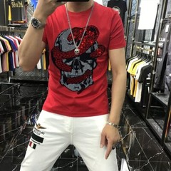 New Men Fashion Diamonds T-Shirt Skull Horror Rhinestones Hot Drill Short Sleeve