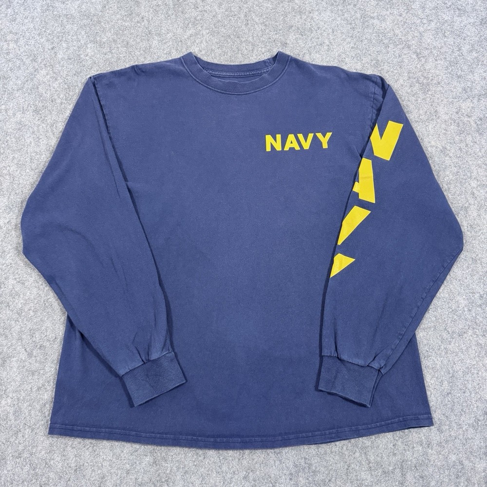 Soffe Vintage Navy Logo Long Sleeve T-Shirt Fits Men’s Size Large Blue Yellow
