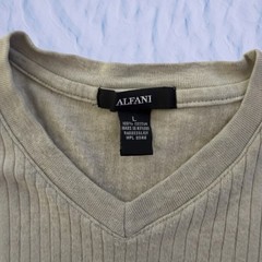 Alfani Mens L Beige Ribbed V-Neck T-Shirt Short Sleeve Cotton