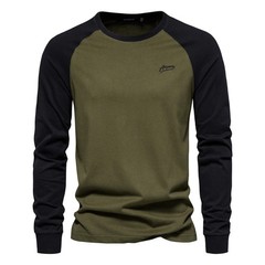 Men’s T-shirts 100% Cotton Long Sleeve O-neck Pactwork Casual T Shirt