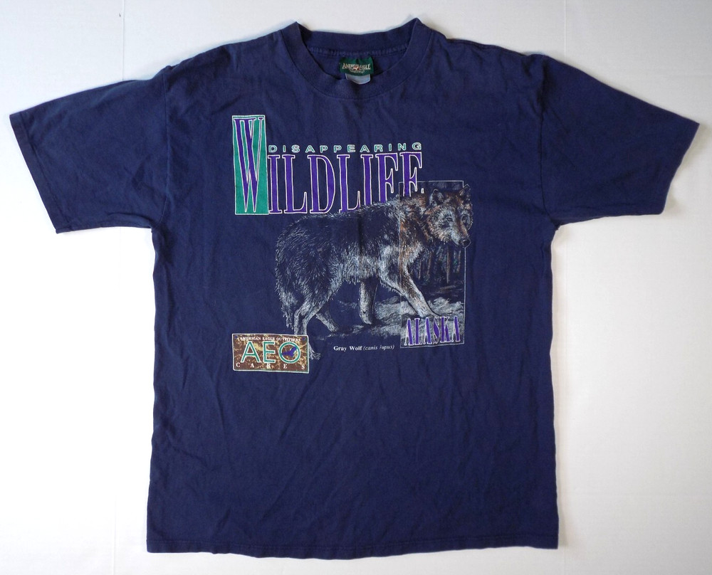 American Eagle Outfitters Grey Wolf XL T Shirt VTG Disappearing Wildlife Y2K