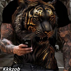 Mens Lion Print Short Sleeve Crew Neck T-Shirt Soft Breathable Casual Wear.