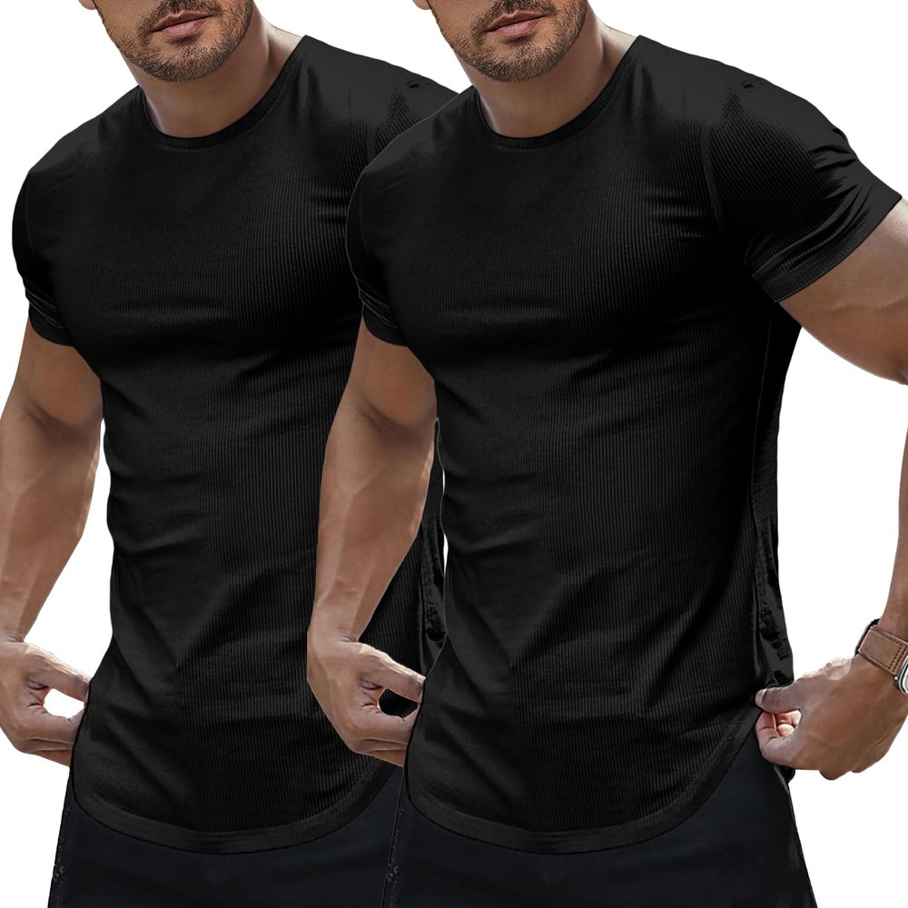 Mens Short Sleeve Athletic T Shirt Muscle Slim Fitted Crewneck Cool Tees Shir…