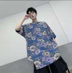 Mens Youth Casual Fashion Floral Short Sleeves Loose Irregular T-Shirt Tee Top