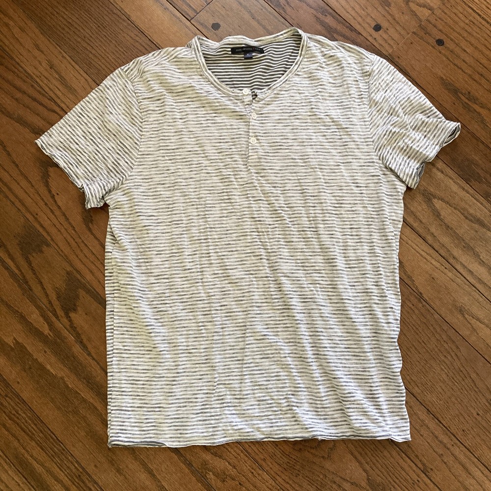 John Varvatos Sz XL Thin Henley T Shirt Striped White Gray