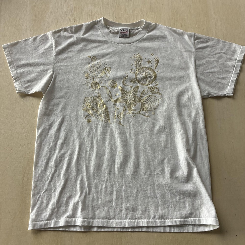 Vintage Oneita Shirt Mens XL White Seashell Seahorse Starfish Ocean Tee T-Shirt