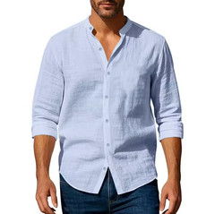Men’s Cotton Linen Henley Shirt Long Sleeve Button Up Breathable Casual Top