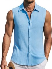 Men’s Summer Sleeveless Knit Tank Top Button Up Casual Beach Vacation Shirt