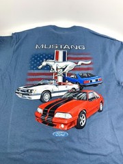 Ford Mustang T-Shirt – Blue w/ Fox Body Pony American Flag Logo (Licensed)