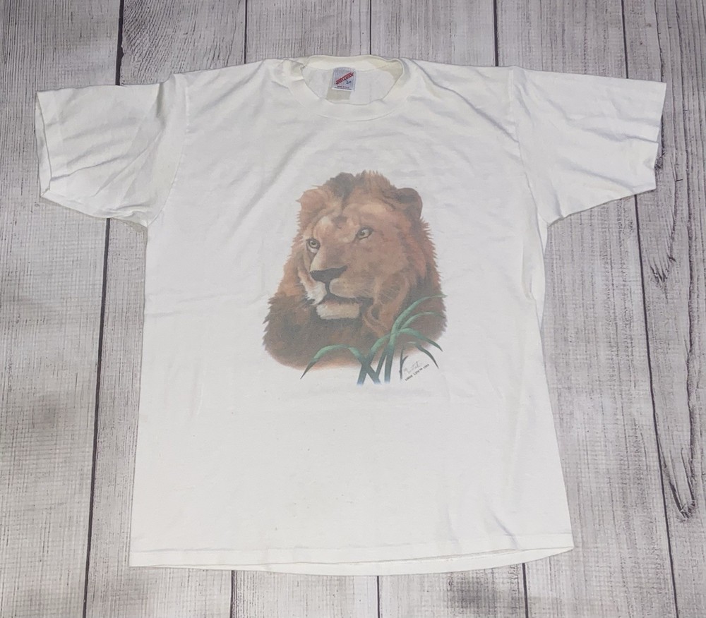 Vintage 1983 Lion Nature T Shirt Size Large Jerzees Tag, Loose Lips Nature Art