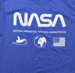 NASA Mens Space Shuttle, Earth, American Flag Icons Blue Shirt New Medium