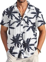 Men Casual Button Down Short Sleeve Textured Summer Beach Shirt with Pocket