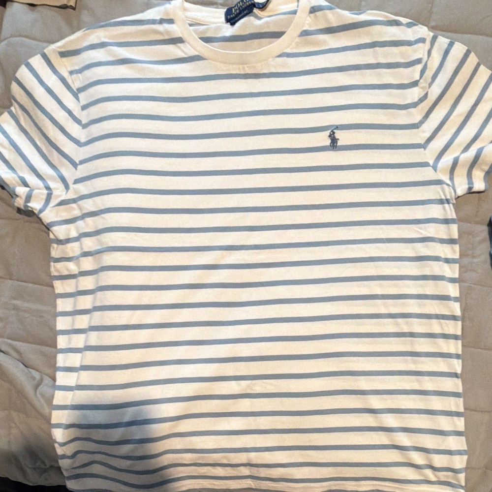 Polo Ralph Lauren Men’s Classic Fit Striped Crew Neck Tee L White/Blue Logo