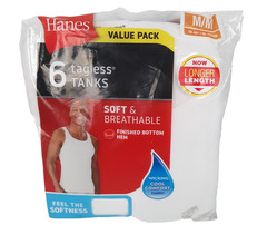 Hanes Tank T-Shirts Men’s Size Medium Ribbed Cotton Longer Length White 6 Pack