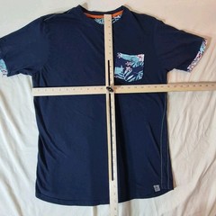 Mens Medium Navy Tee Floral Pocket Contrast Trim Cotton Shirt Casual