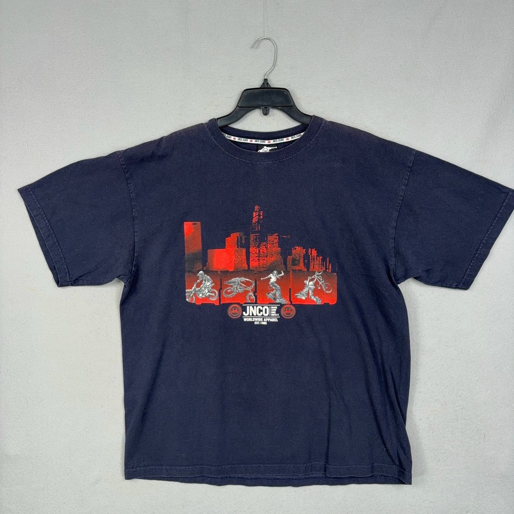 JNCO T-Shirt Mens XXL Navy Blue Graphic Skyline Skate Surf BMX Moto X Y2K Street