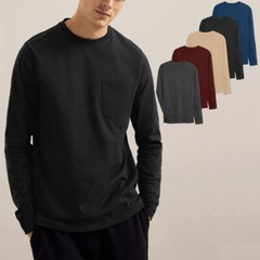 Mens Long Sleeve T-Shirt Plain Crew Round Neck Casual 100% Cotton Pocket Tee Top