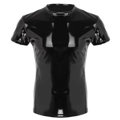 Men PU Leather Wetlook PVC Clubwear Short Sleeve Shiny T-Shirt Top Stage Costume
