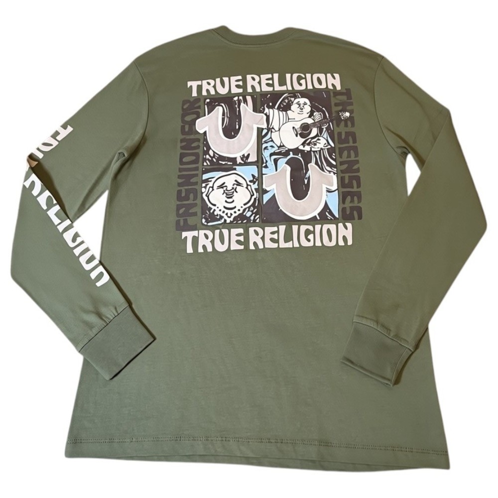 True Religion Long Sleeve T Shirt Mens Medium Green New Buddha Graphic Cotton