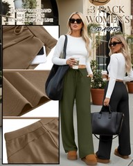 3 Pack Women’s Wide Leg Lounge Pants, Loose Drawstring Yoga Sweatpants with P…