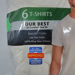 Hanes Best Tagless T-Shirt Lay-Flat Collar Tagless Cotton White 6 Count Size XL