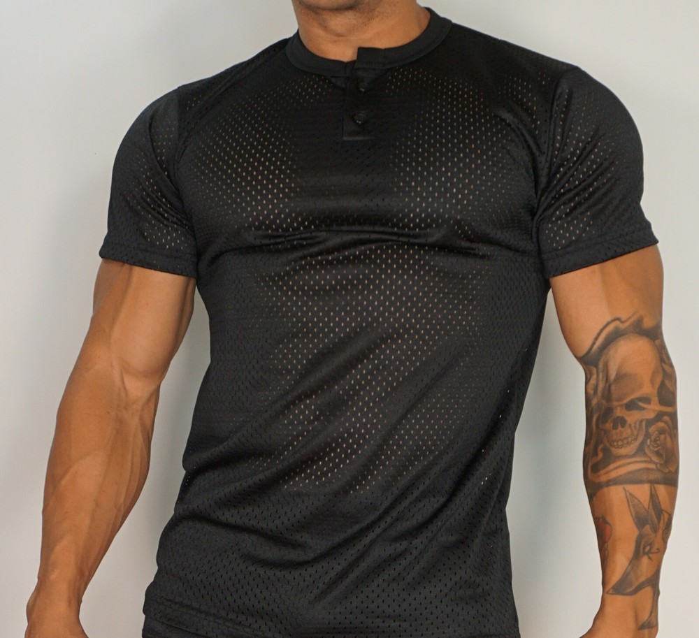 MEN’S BLACK MESH 2 BUTTON SHIRT ADULT L