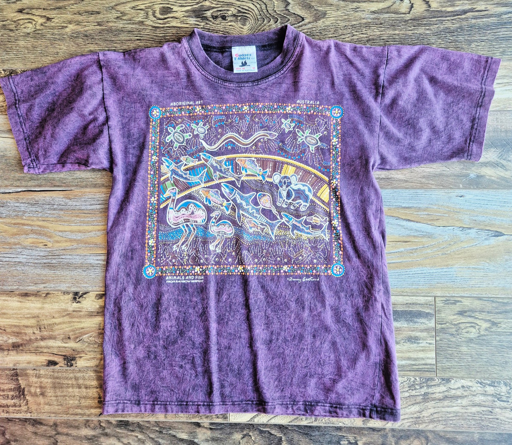 Vintage Gooses Aboriginal Art Animal Australia T-Shirt Cotton Acid-Purple Sz.M