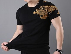 Mens Japanese Pattern Embroidery Gold Dragon T-Shirt Stretch Black Short Sleeve