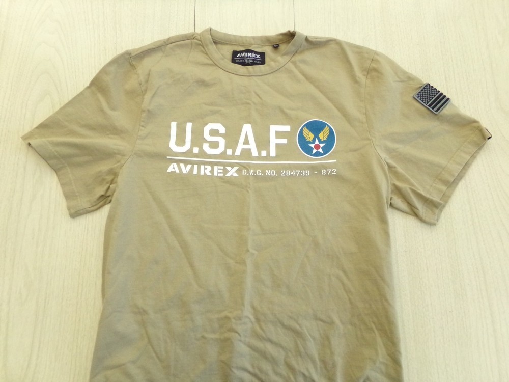AVIREX USAF Desert Tan Short Sleeve Crew Neck XXL T-Shirt Black Flag Patch