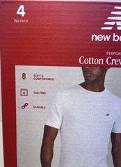 NIB NEW BALANCE Men’s Small (34-36″) White Cotton Crew Neck Tee w/NB Logo 4-Pack