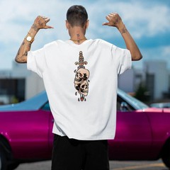 Mens Oversized T-Shirt Skull Dagger Back Print Streetwear Graphic Baggy White