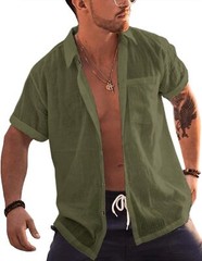Men’s Short Sleeve Button-Up Linen Cotton Beach Shirt – Spread Collar Tops