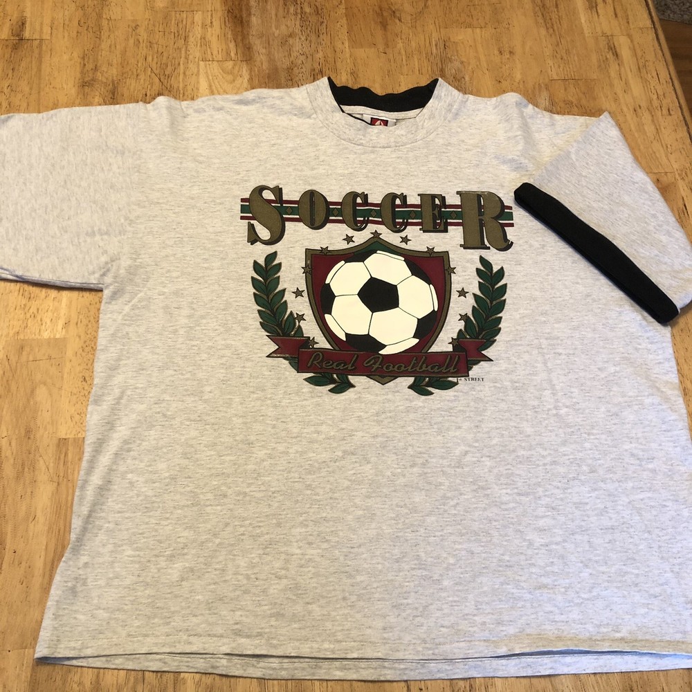 VTG Bayside Single Stitch Size XL TShirt Lined Sleeves Crew Neck Soccer Graphic