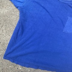 Vintage 50s 60s Blue Pocket Tee Shirt Cotton Single Stitch Blank Cropped Boxy