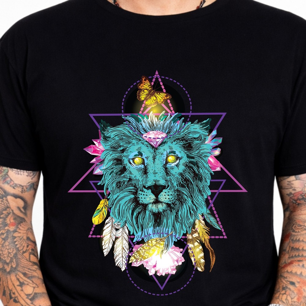 Lion Crystal Feather Graphic Tee Boho Spiritual Animal Sacred Geometry Mystic.
