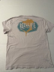 Reel Life Freshly Caught Fishing Graphic Tee – Size L– White/Teal/Yellow 1837