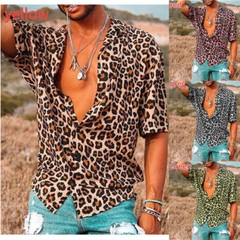 Men’s Leopard Print Shirt Casual Slim Shirts Short Sleeve Button Down Top Blouse