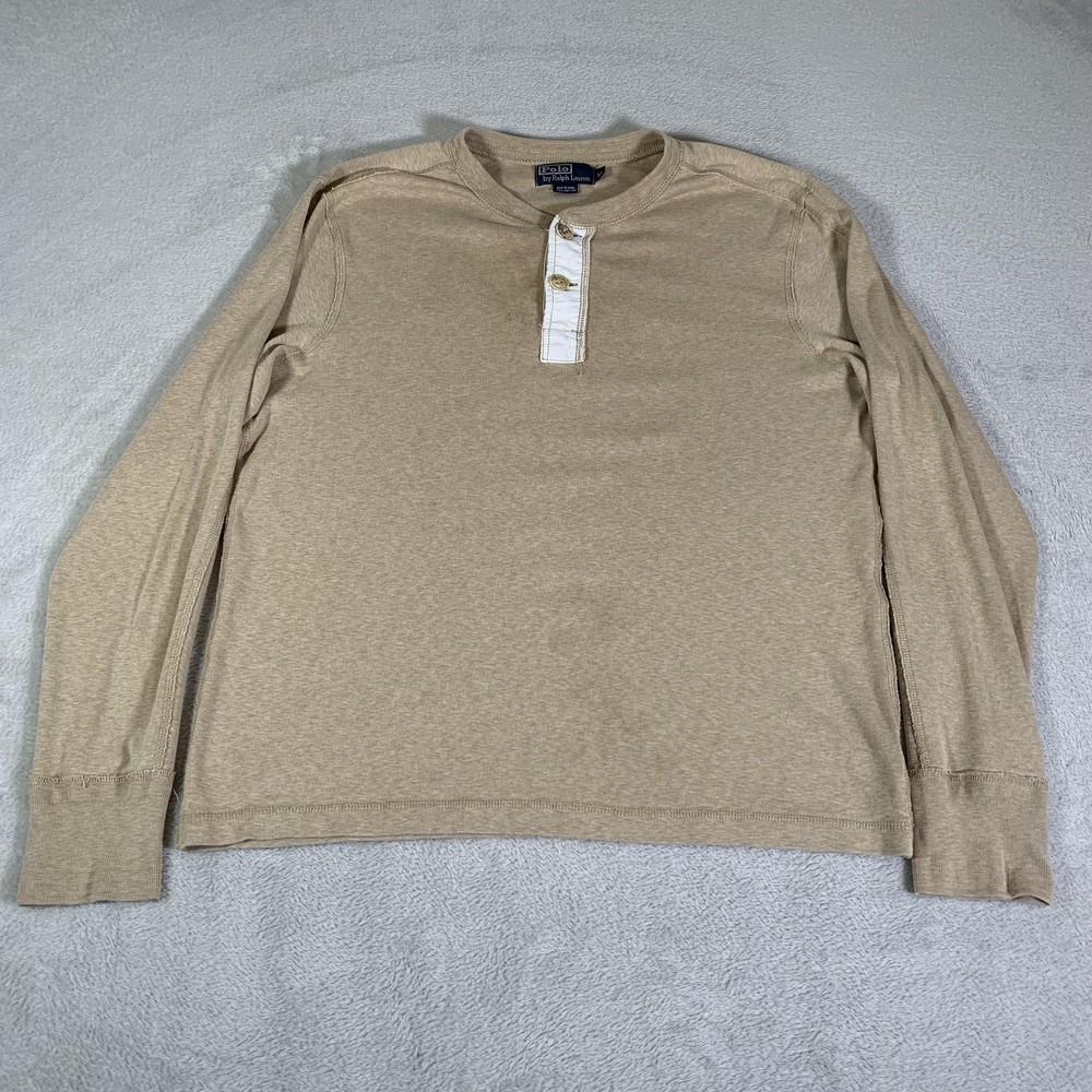 Vintage Polo Ralph Lauren Shirt Mens XL Beige Long Sleeve Henley Cotton Knit