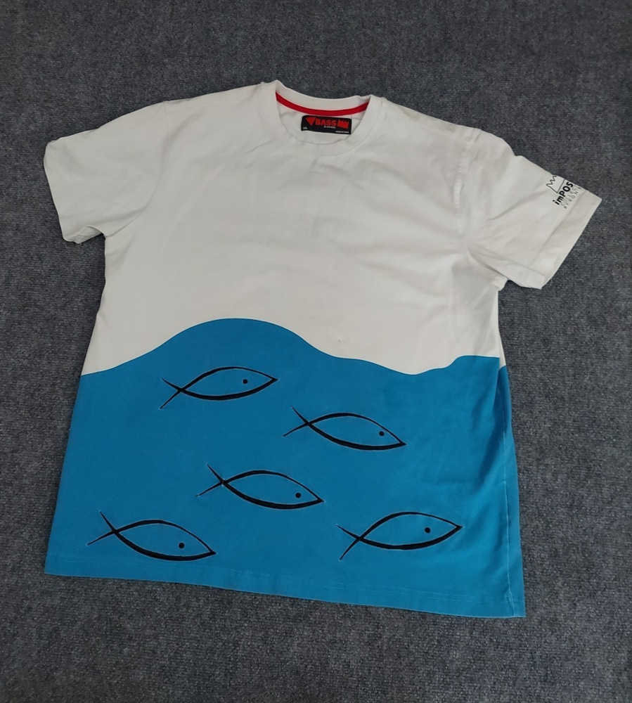 Ron Bass Shirt Mens 2XL XXL Embroidered Fish Swimming Short Sleeve Crew Neck Vtg